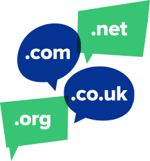 Speech bubbles showing domain suffixes - .com, .net, .co.uk and .org
